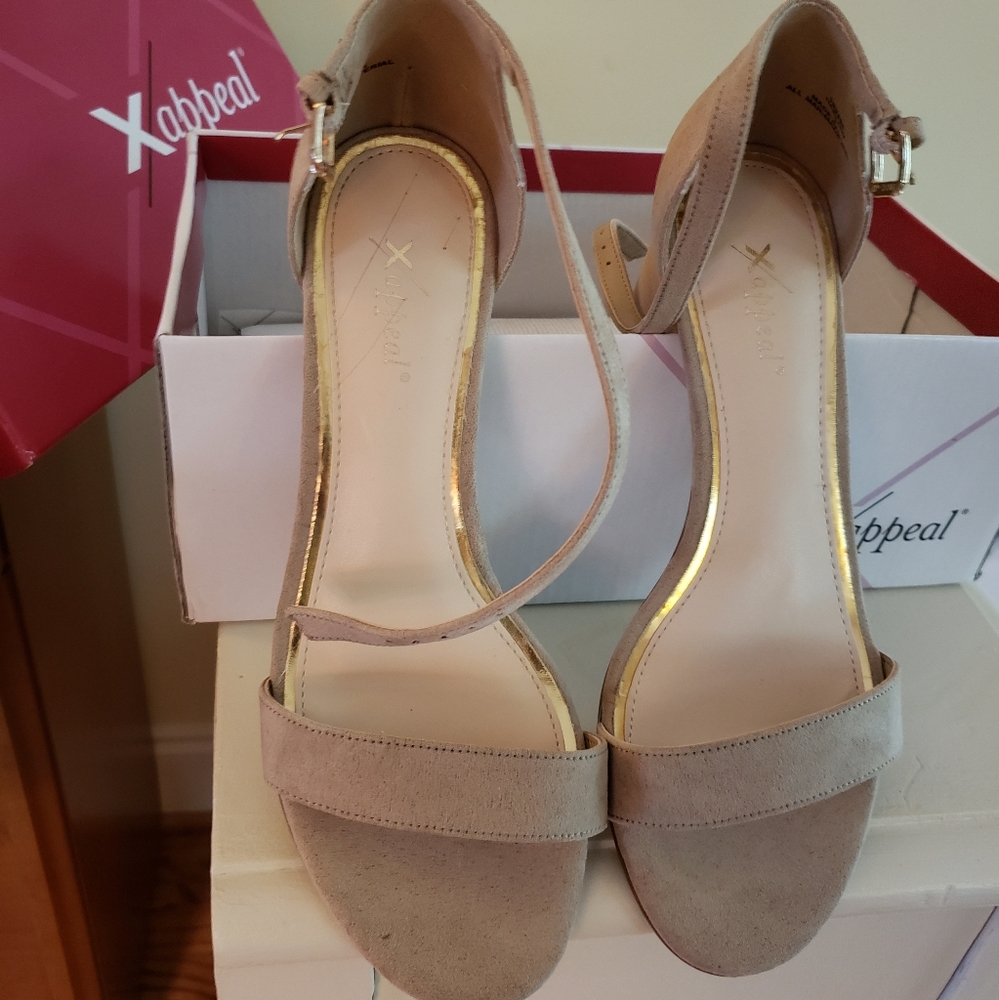 Xappeal Tan Heels with Two-Strap Design